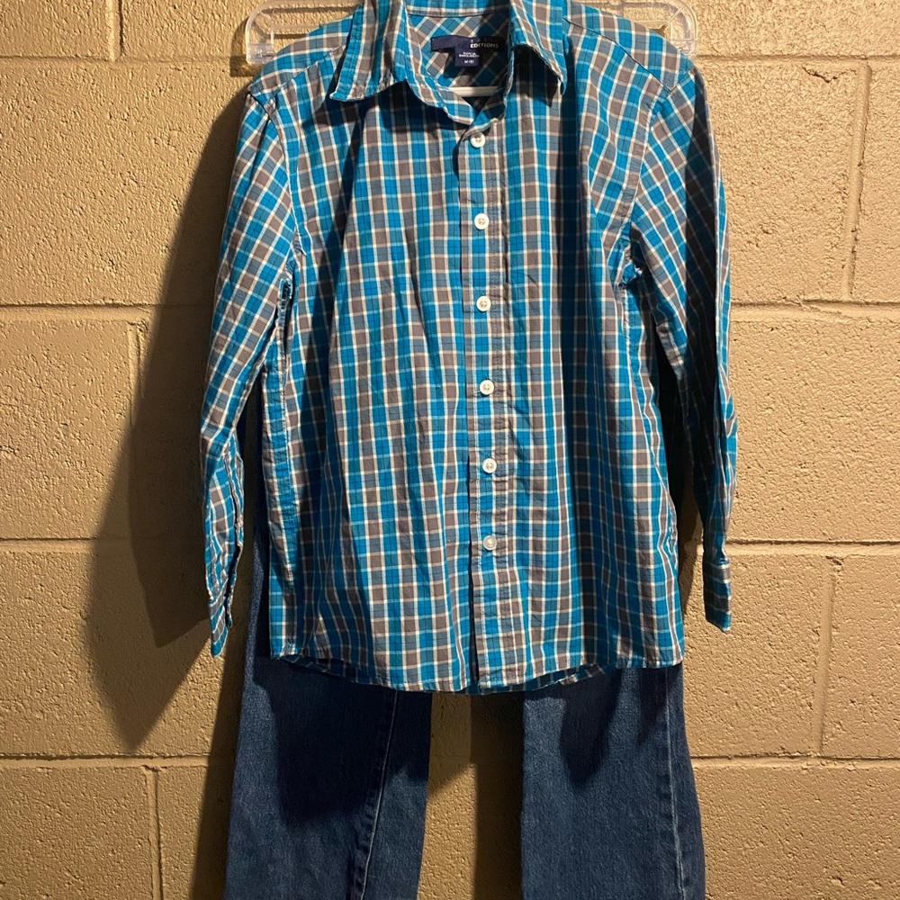 Blue Plaid Kids Shirt (size 8)with Boot Cut Jeans Boys (size 8)